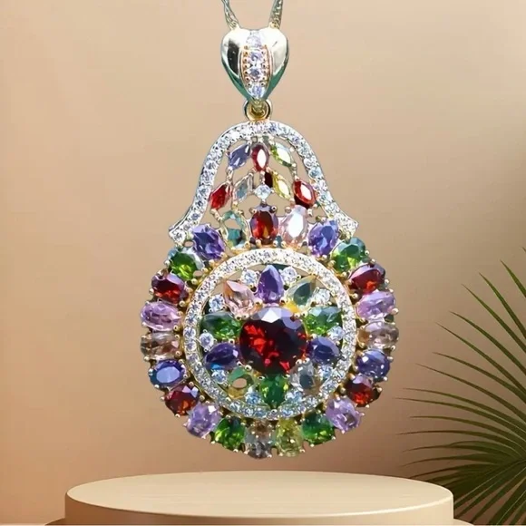 Multicolor Gemstone Pendant Necklace. - Picture 5 of 6